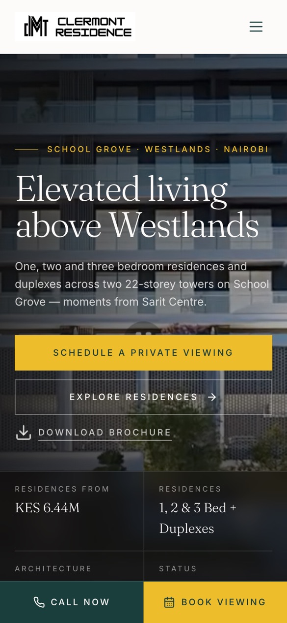 Clermont Residence website on a phone